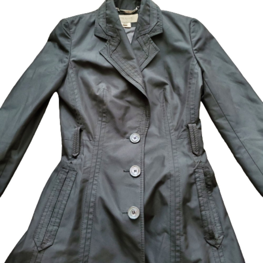 Karen Millen England Black Trench Coat Structured Fit Flare Lined Pockets Size 4